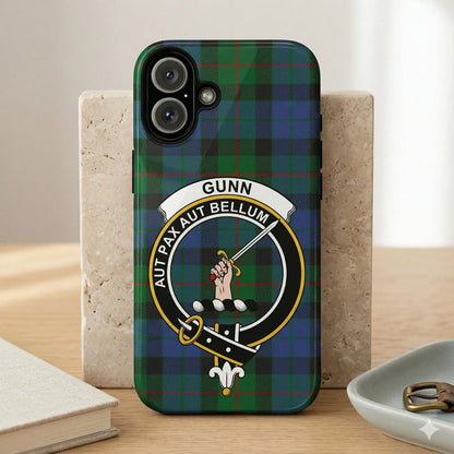 Personalized Scottish clan crest phone case with tartan background, custom surname design