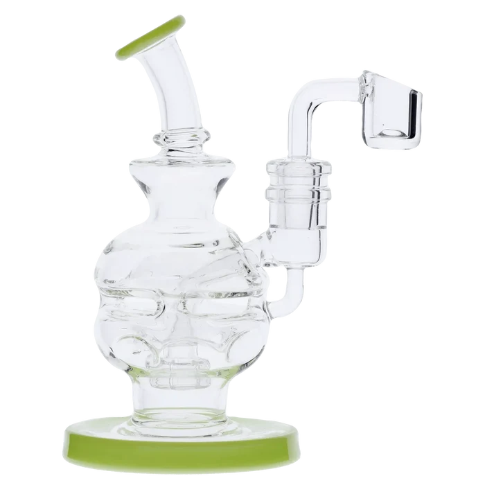 Front three-quarter view of the Dab Rig Recycler showing clear glass chambers, angled mouthpiece and a right-side banger arm against a white background.