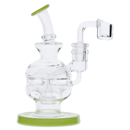 Front three-quarter view of the Dab Rig Recycler showing clear glass chambers, angled mouthpiece and a right-side banger arm against a white background.