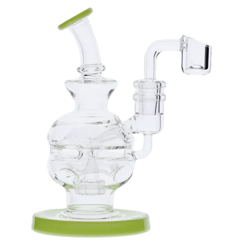 Front three-quarter view of the Dab Rig Recycler showing clear glass chambers, angled mouthpiece and a right-side banger arm against a white background.