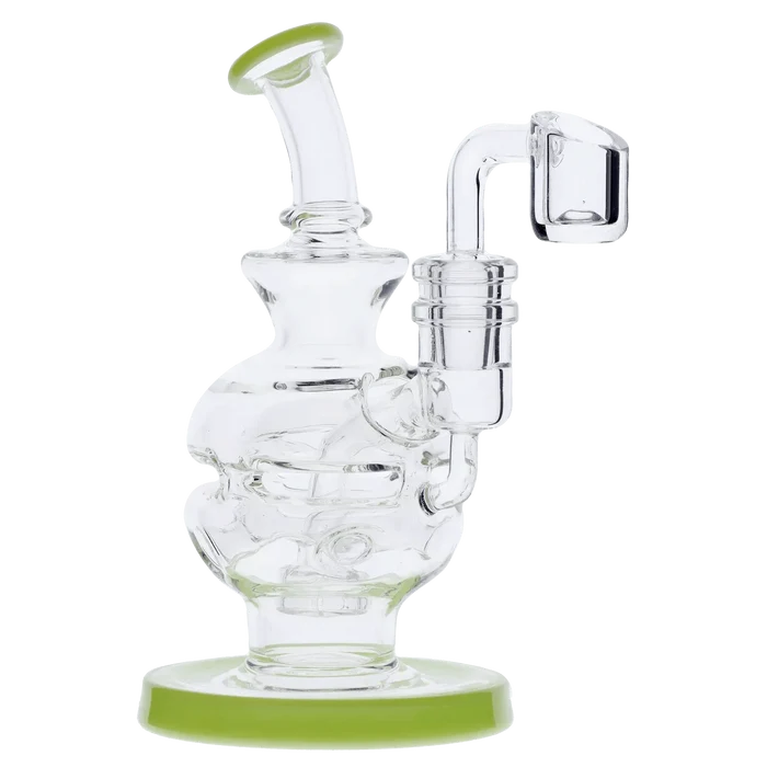 Side view of the Dab Rig Recycler showing clear glass chambers, a bent mouthpiece with a green-rimmed lip, and a matching green base.