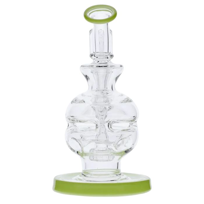 Front-facing close-up of the Dab Rig Recycler showing its clear sculpted glass body with a green-rimmed mouthpiece and matching green base.
