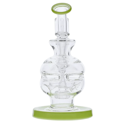 Front-facing close-up of the Dab Rig Recycler showing its clear sculpted glass body with a green-rimmed mouthpiece and matching green base.