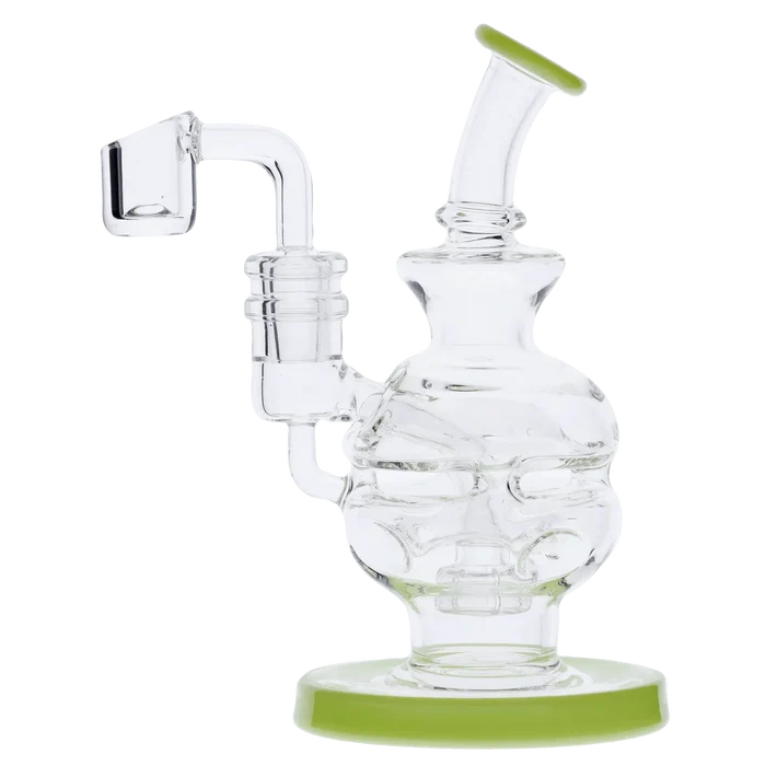 Angled close-up of the clear Dab Rig Recycler showing its curved mouthpiece, bubbled body, side-arm recycler tube, and lime-green rimmed base