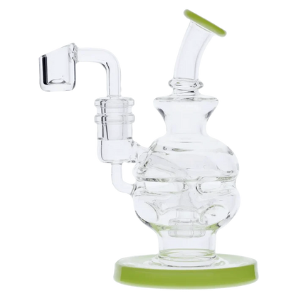 Angled close-up of the clear Dab Rig Recycler showing its curved mouthpiece, bubbled body, side-arm recycler tube, and lime-green rimmed base