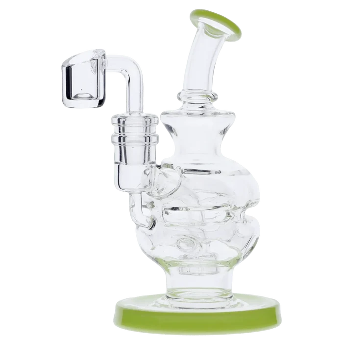 Angled close-up of a clear glass Dab Rig Recycler showing its curved neck, bubbled chamber, and lime-green rimmed base.