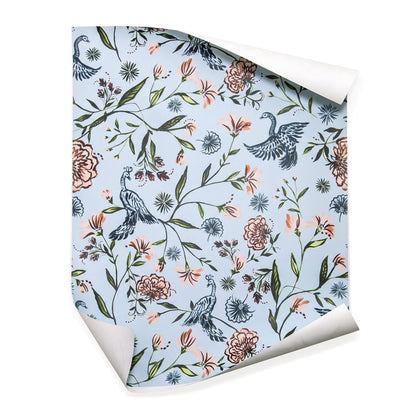 Daphne Powder wallpaper with blue and blush floral bird pattern, made-to-order in the USA with short lead times