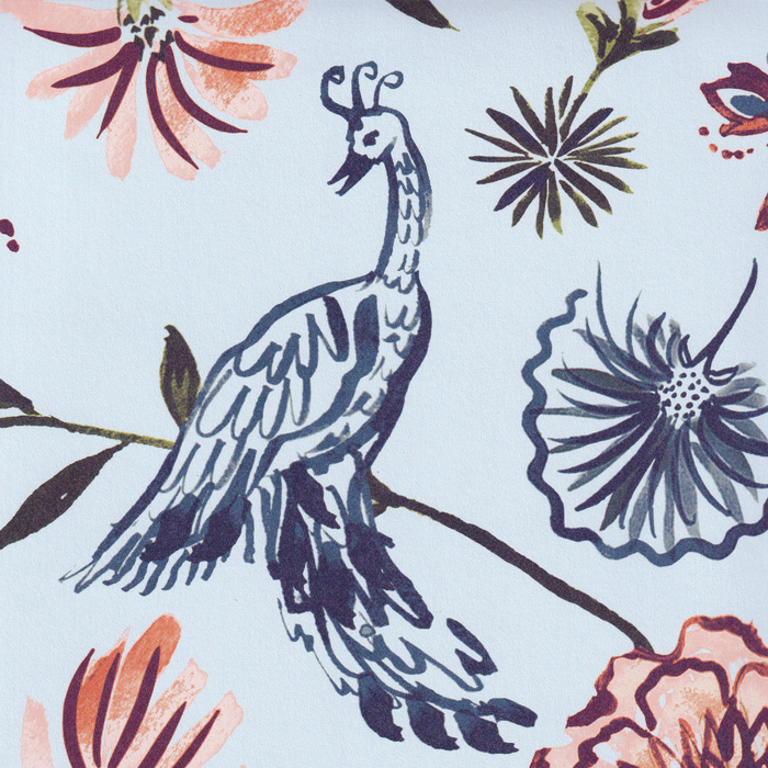 Daphne Powder made-to-order wallpaper with hand-painted peacock and floral design, manufactured in the USA with short lead times
