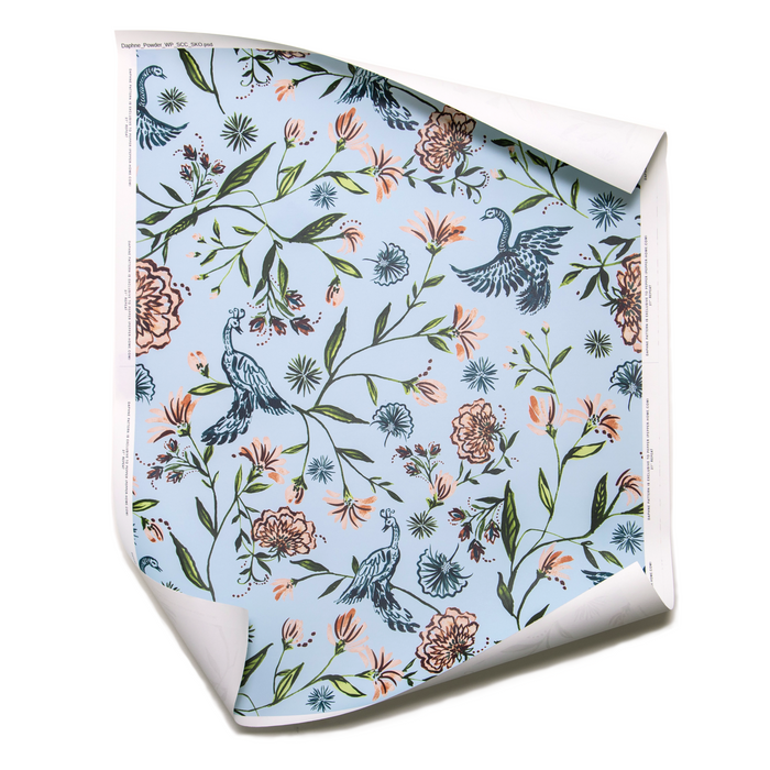 Daphne Powder made-to-order wallpaper with hand-painted birds and floral pattern, manufactured in the USA with short lead times