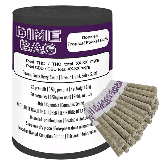 Angled front view of a Dime Bag canister labeled Doozies Tropical Pocket Puffs PR 20 x 0.5 g with a fanned row of pre-rolls beside it.