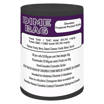 Front view of a cylindrical container labeled Doozies Tropical Pocket Puffs PR 20 x 0.5 g with purple top band and white information panel.