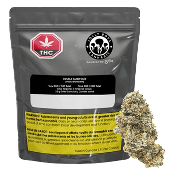 Front-facing pouch labeled "Double Baked Cake" with a THC symbol and brand logo, shown on a white background beside a close-up cannabis bud.