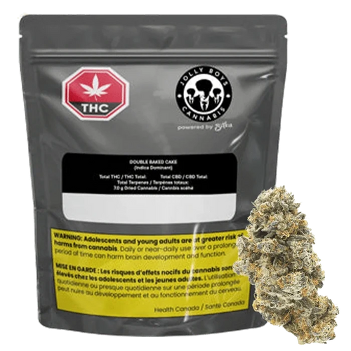 Front-facing pouch labeled "Double Baked Cake" with a THC symbol and brand logo, shown on a white background beside a close-up cannabis bud.