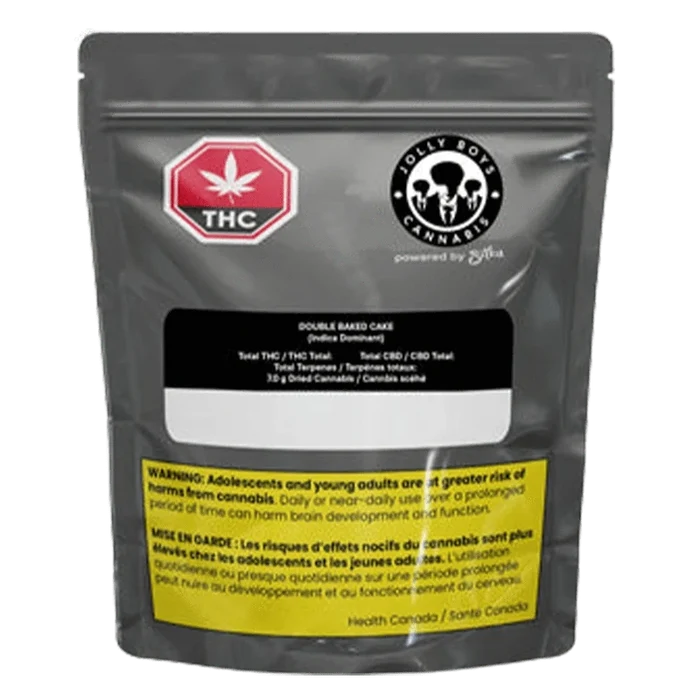 Front view of the pouch labeled "Double Baked Cake" showing a gray resealable bag with THC and Jolly Boys Cannabis logos and a yellow warning panel.