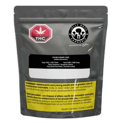 Front view of the pouch labeled "Double Baked Cake" showing a gray resealable bag with THC and Jolly Boys Cannabis logos and a yellow warning panel.
