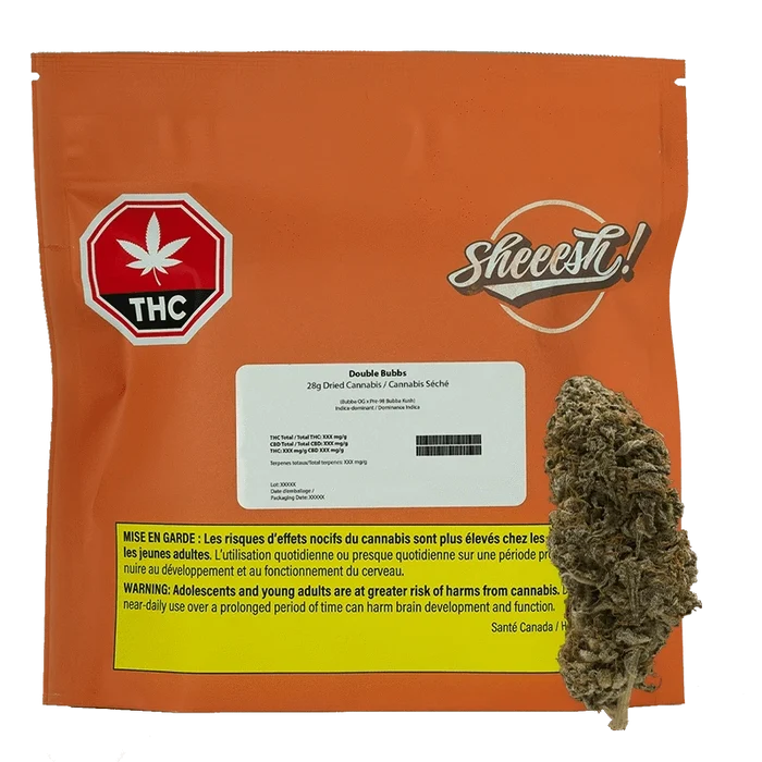 Front-facing orange pouch labeled Double Bubbs with a white product sticker, THC symbol at top left and a loose bud beside the pouch.