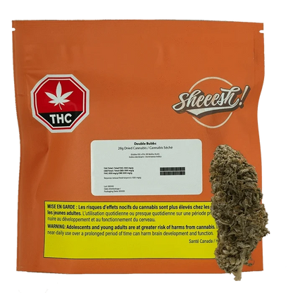 Front-facing orange pouch labeled Double Bubbs with a white product sticker, THC symbol at top left and a loose bud beside the pouch.