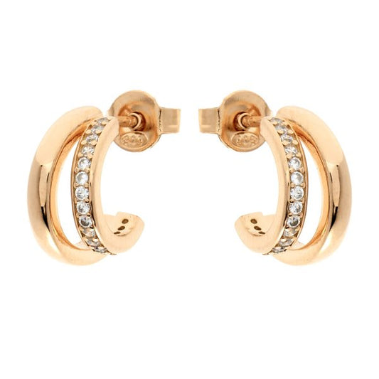 Double Hoop Stud Earring - Sterling Silver with Gold Plating & CZ