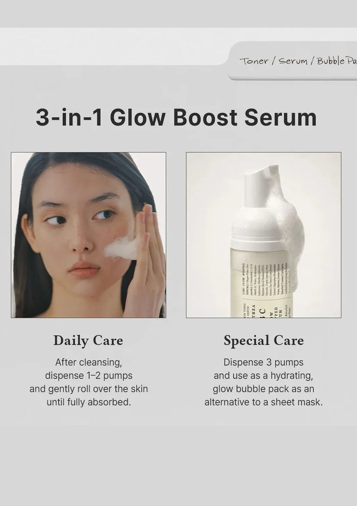 3-in-1 Glow Boost Serum packaging with usage instructions and a bottle illustration.