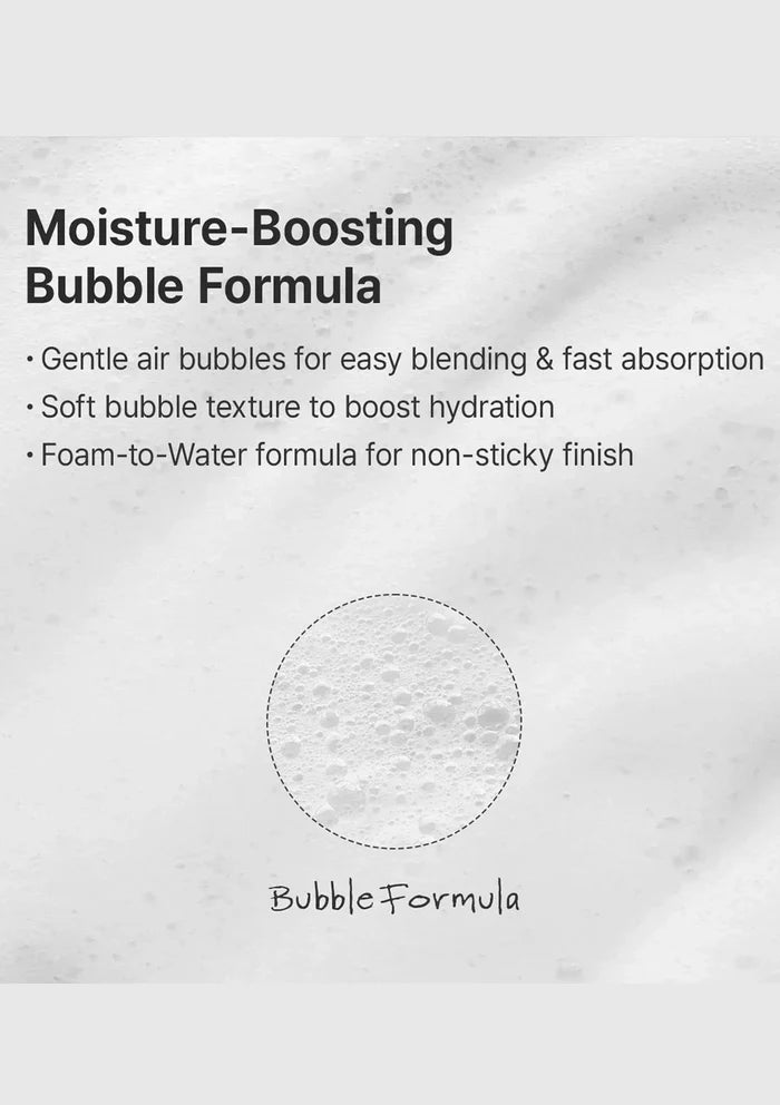 Text description of moisture-boosting bubble formula with a marble background