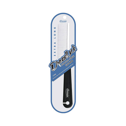 Annie extra long dreadlock comb with black handle and fine white teeth in retail packaging