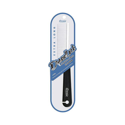 Annie extra long dreadlock comb with black handle and fine white teeth in retail packaging