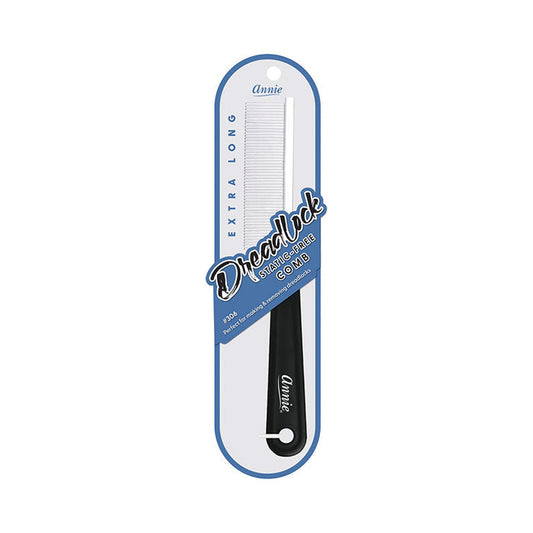 Annie extra long dreadlock comb with black handle and fine white teeth in retail packaging