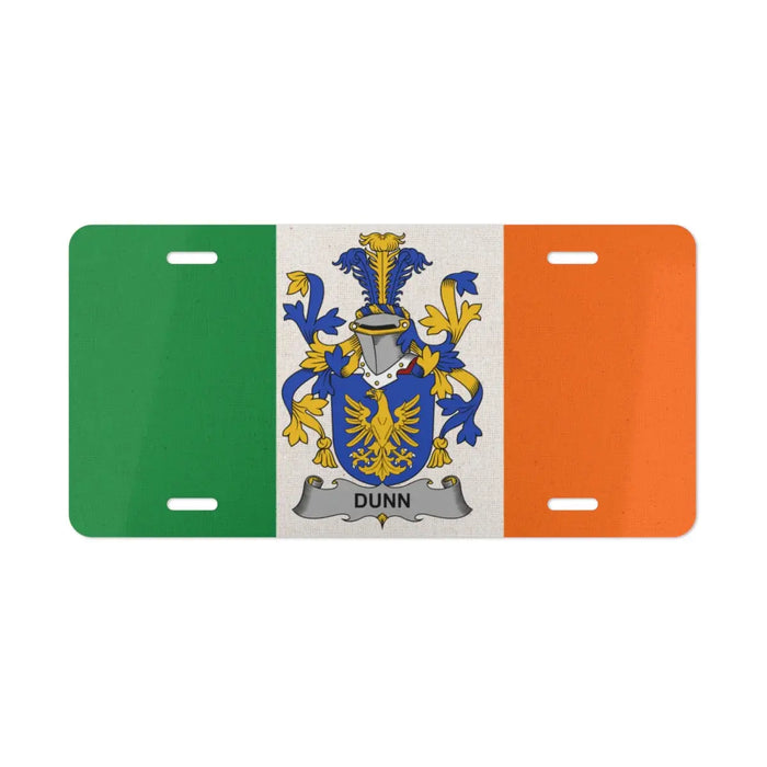 Dunn family name license plate with crest over the Irish flag