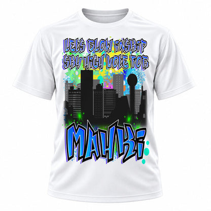 Personalized Urban City Building Landscape T-Shirt, front-view T-shirt mockup featuring custom Air-Volution artwork by Mythic Airbrush