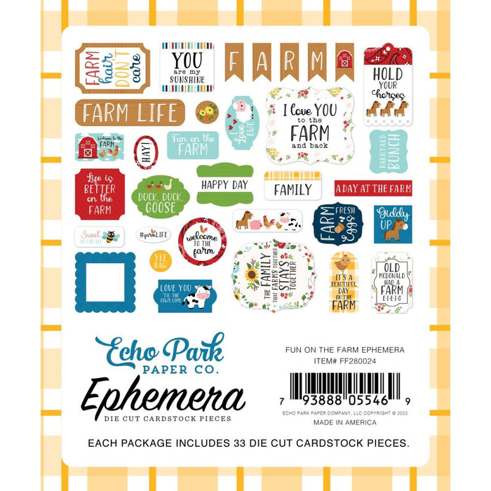 Echo Park - Cardstock Ephemera - 33/Pkg - Icons - Fun On The Farm. Available at Embellish Away located in Bowmanville Ontario Canada.