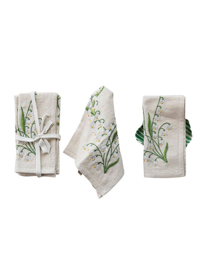 Embroidered Lily of the Valley Cotton & Linen Napkin Set