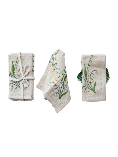 Embroidered Lily of the Valley Cotton & Linen Napkin Set