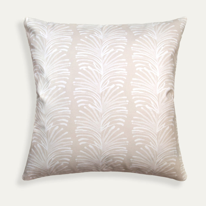 Emma Sand made-to-order decorative pillow with white botanical print on sandy cotton, manufactured in the USA with short lead times