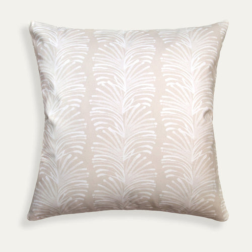 Emma Sand made-to-order decorative pillow with white botanical print on sandy cotton, manufactured in the USA with short lead times