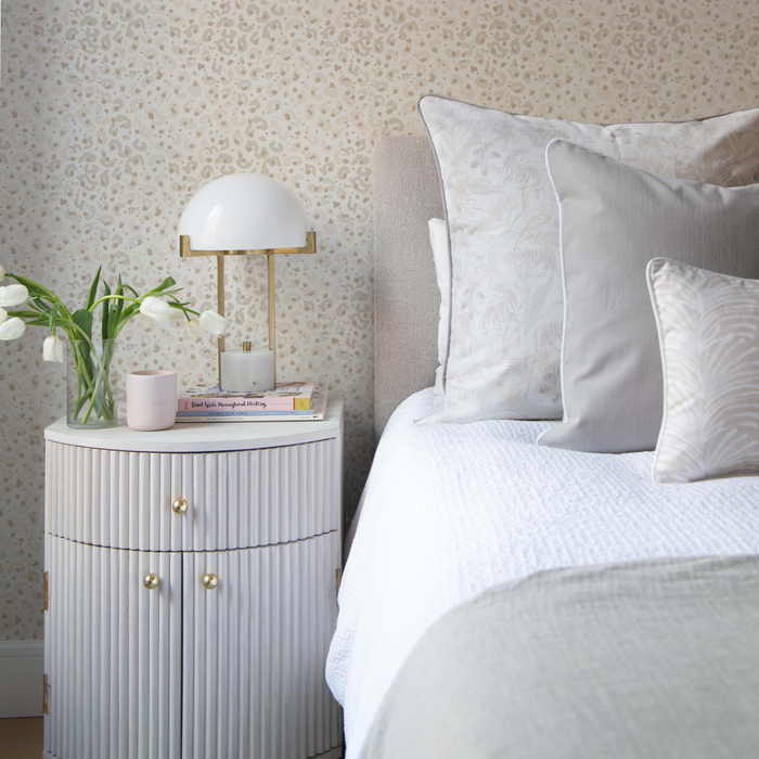 Emma Sand made-to-order decorative pillows with subtle botanical patterns in neutral tones, crafted in the USA with short lead times