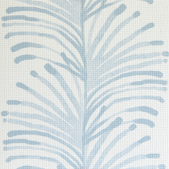 Emma Sky made-to-order grasscloth fabric in soft blue palm pattern, manufactured in the USA with quick, quality production