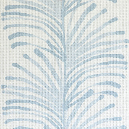 Emma Sky made-to-order grasscloth fabric in soft blue palm pattern, manufactured in the USA with quick, quality production