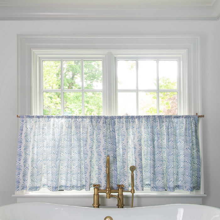 Emma Sky Printed Cotton Cafe Curtain in blue and white, made to order in the USA with short lead times