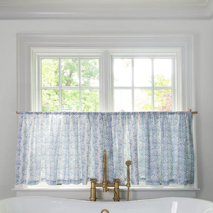 Emma Sky Printed Cotton Cafe Curtain in blue and white, made to order in the USA with short lead times