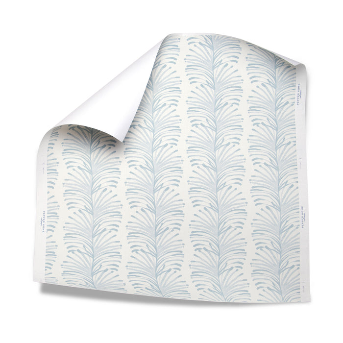 Emma Sky made-to-order wallpaper with soft blue palm leaf design, crafted in the USA with quick, quality production