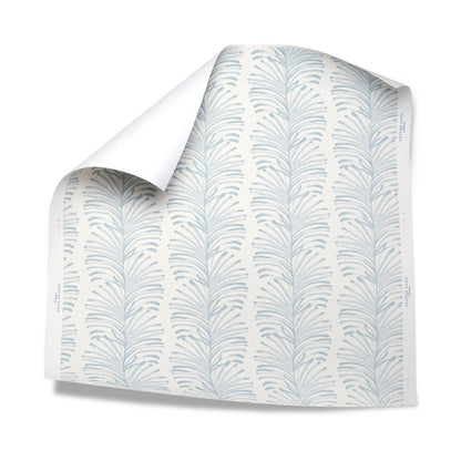 Emma Sky made-to-order wallpaper with soft blue palm leaf design, crafted in the USA with quick, quality production