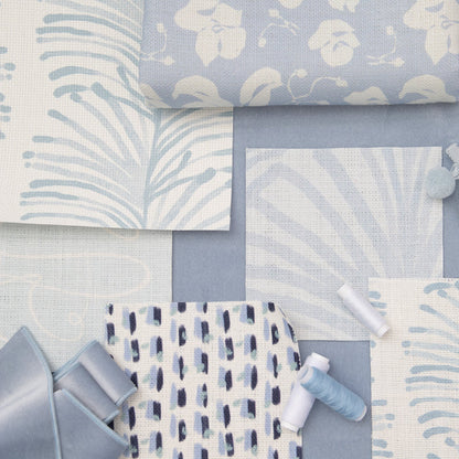 Emma Sky made-to-order fabric collection in soft blue tones, featuring custom patterns, crafted in the USA with fast quality production