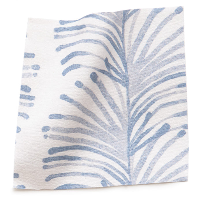 Emma Sky Printed Cotton Curtain fabric sample with a soft blue botanical print, made-to-order in the USA.