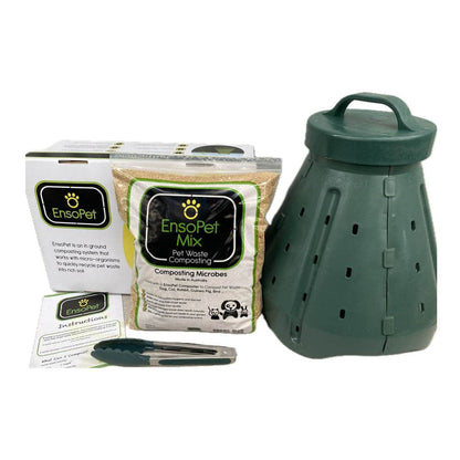 EnsoPet composting set with green container, packaging, and tools on a white background.