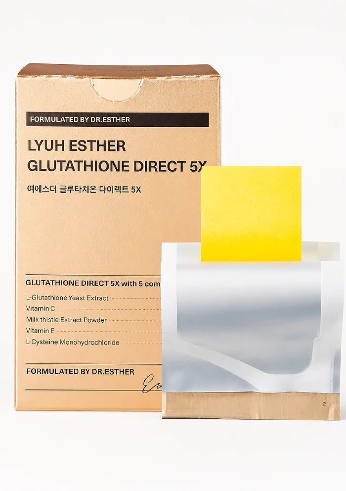 A brown cardboard box labeled 'LYUH ESTHER GLUTATHIONE DIRECT 5X' stands next to a clear plastic sachet containing a bright yellow powder, on a plain white background.