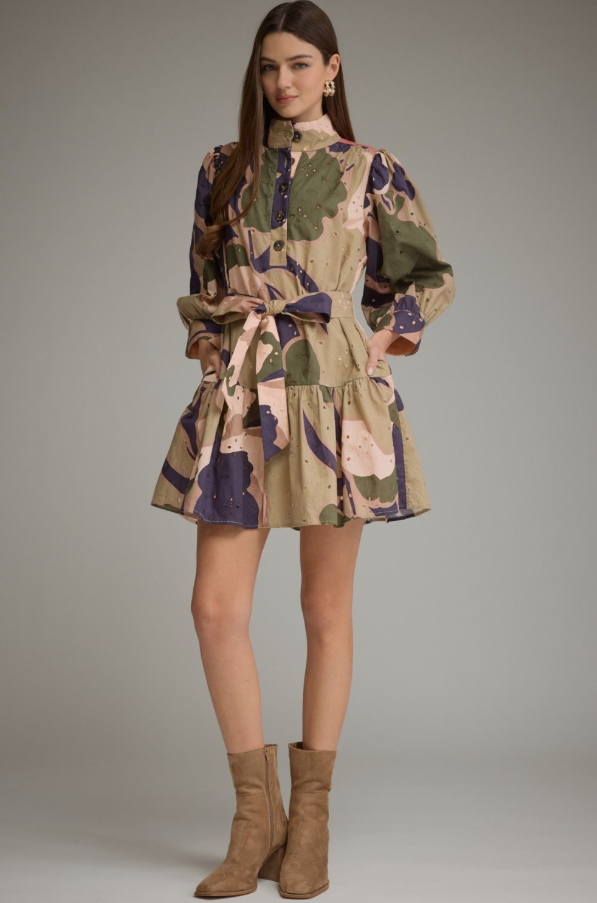Eyelet Pattern Olive Combo Mini Dress Dresses in S at Wrapsody