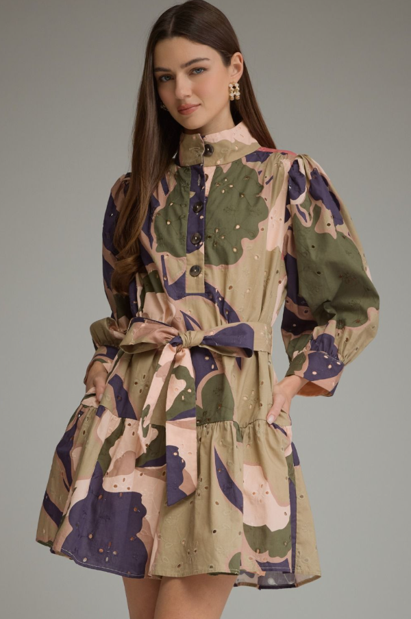Eyelet Pattern Olive Combo Mini Dress Dresses in at Wrapsody