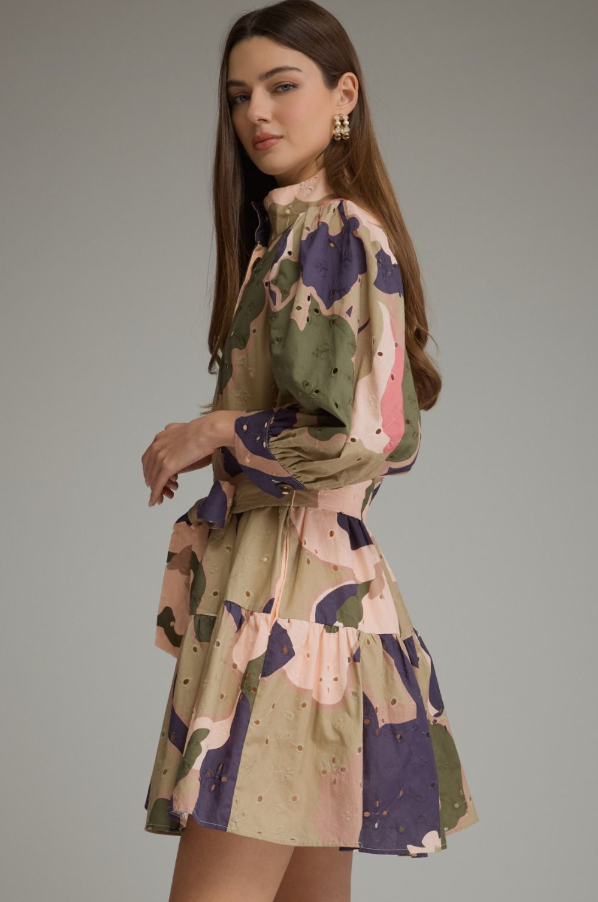 Eyelet Pattern Olive Combo Mini Dress Dresses in at Wrapsody
