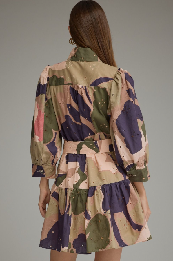 Eyelet Pattern Olive Combo Mini Dress Dresses in at Wrapsody