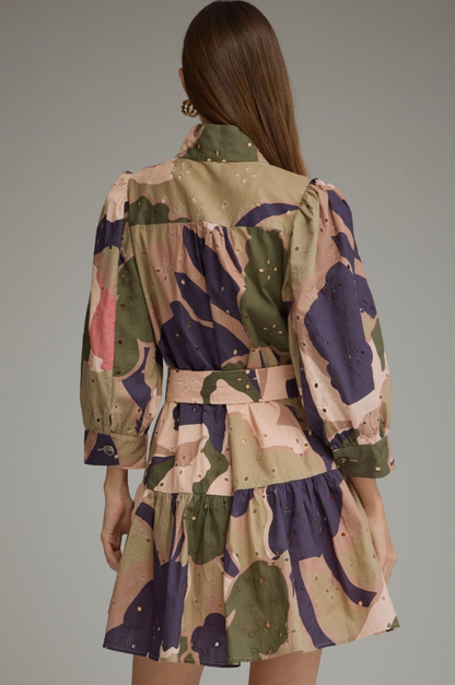 Eyelet Pattern Olive Combo Mini Dress Dresses in at Wrapsody